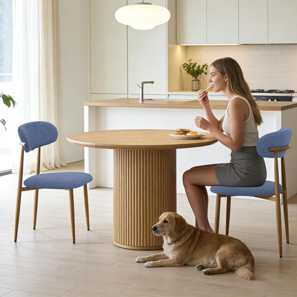 Modern Upholstered Dining Chairs Set of 8, Mid-Century Metal Frame with Wood Grain, Linen Fabric Side Chair for Kitchen Dining Room, 350lbs Capacity, Blue