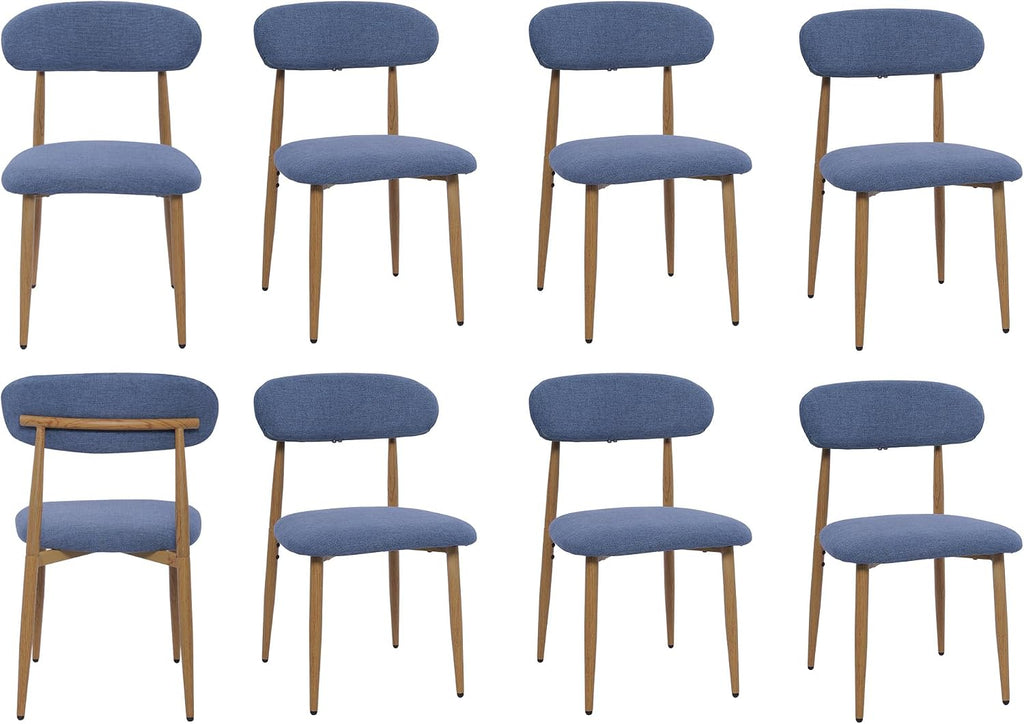 Modern Upholstered Dining Chairs Set of 8, Mid-Century Metal Frame with Wood Grain, Linen Fabric Side Chair for Kitchen Dining Room, 350lbs Capacity, Blue