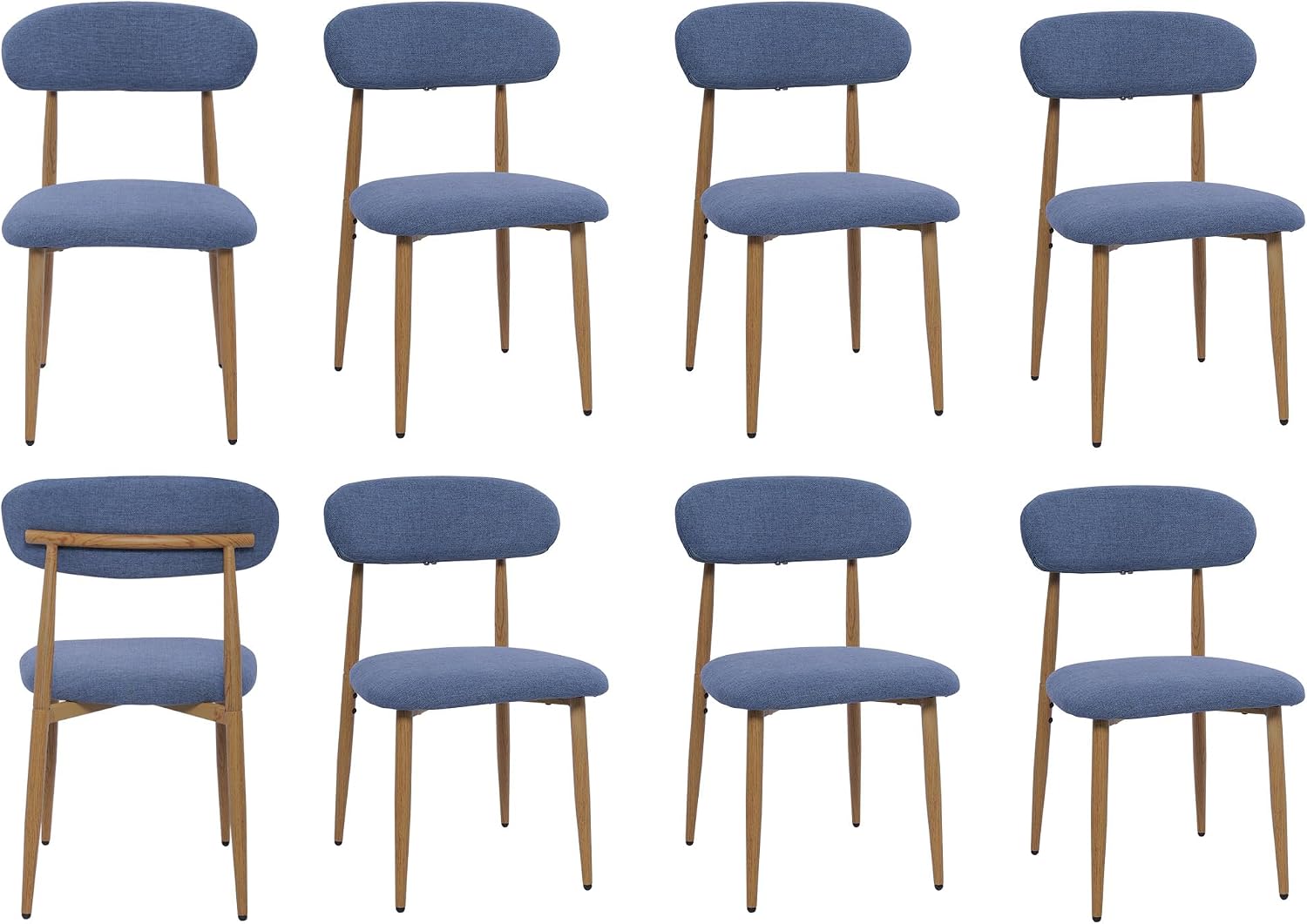 Modern Upholstered Dining Chairs Set of 8, Mid-Century Metal Frame with Wood Grain, Linen Fabric Side Chair for Kitchen Dining Room, 350lbs Capacity, Blue