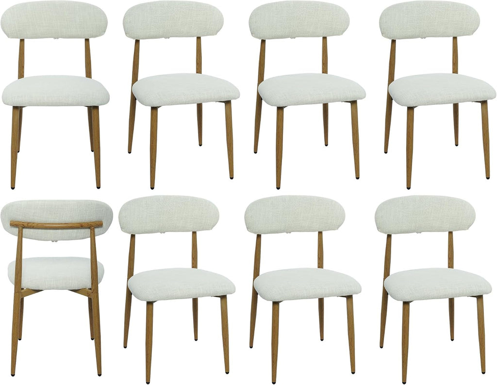 Modern Upholstered Dining Chairs Set of 8, Mid-Century Metal Frame with Wood Grain, Linen Fabric Side Chair for Kitchen Dining Room, 350lbs Capacity, Beige