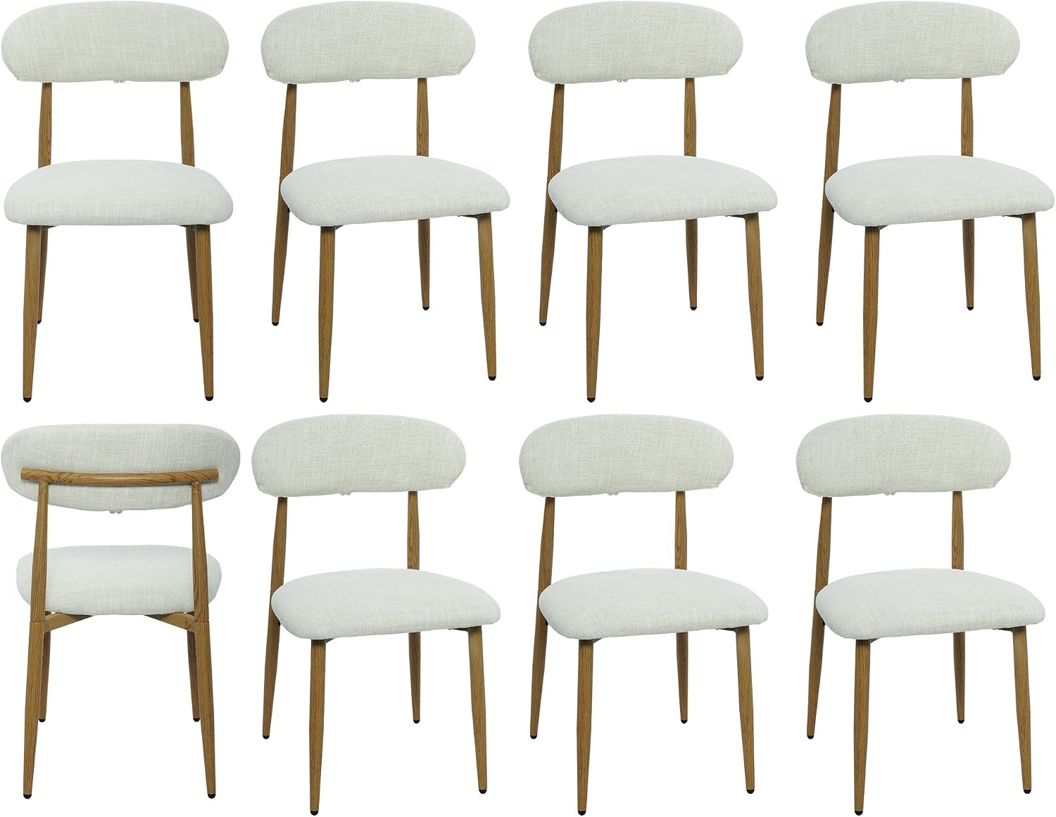 Modern Upholstered Dining Chairs Set of 8, Mid-Century Metal Frame with Wood Grain, Linen Fabric Side Chair for Kitchen Dining Room, 350lbs Capacity, Beige