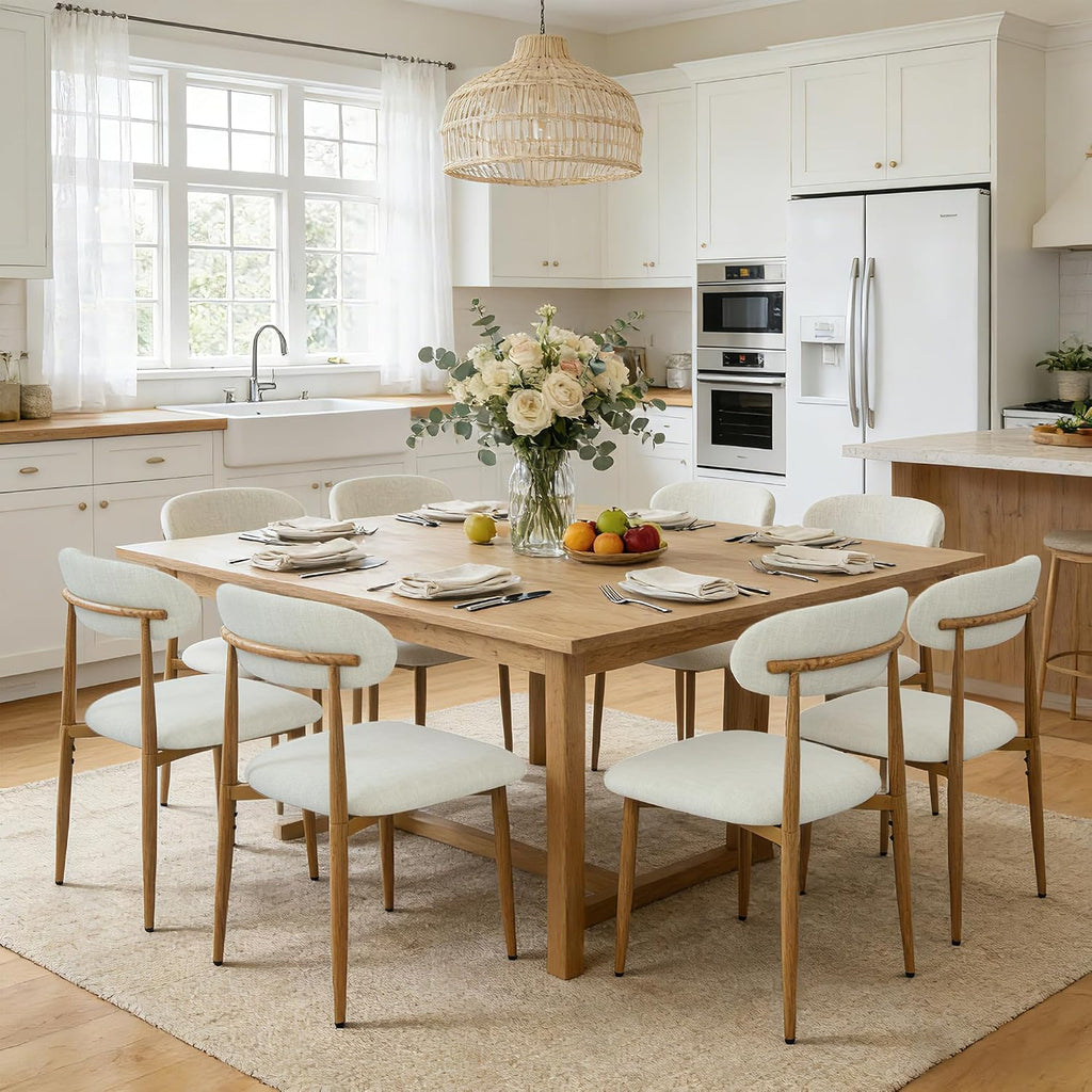 Modern Upholstered Dining Chairs Set of 8, Mid-Century Metal Frame with Wood Grain, Linen Fabric Side Chair for Kitchen Dining Room, 350lbs Capacity, Beige