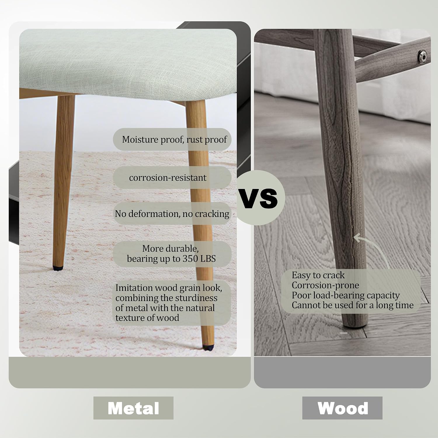 Modern Upholstered Dining Chairs Set of 8, Mid-Century Metal Frame with Wood Grain, Linen Fabric Side Chair for Kitchen Dining Room, 350lbs Capacity, Beige