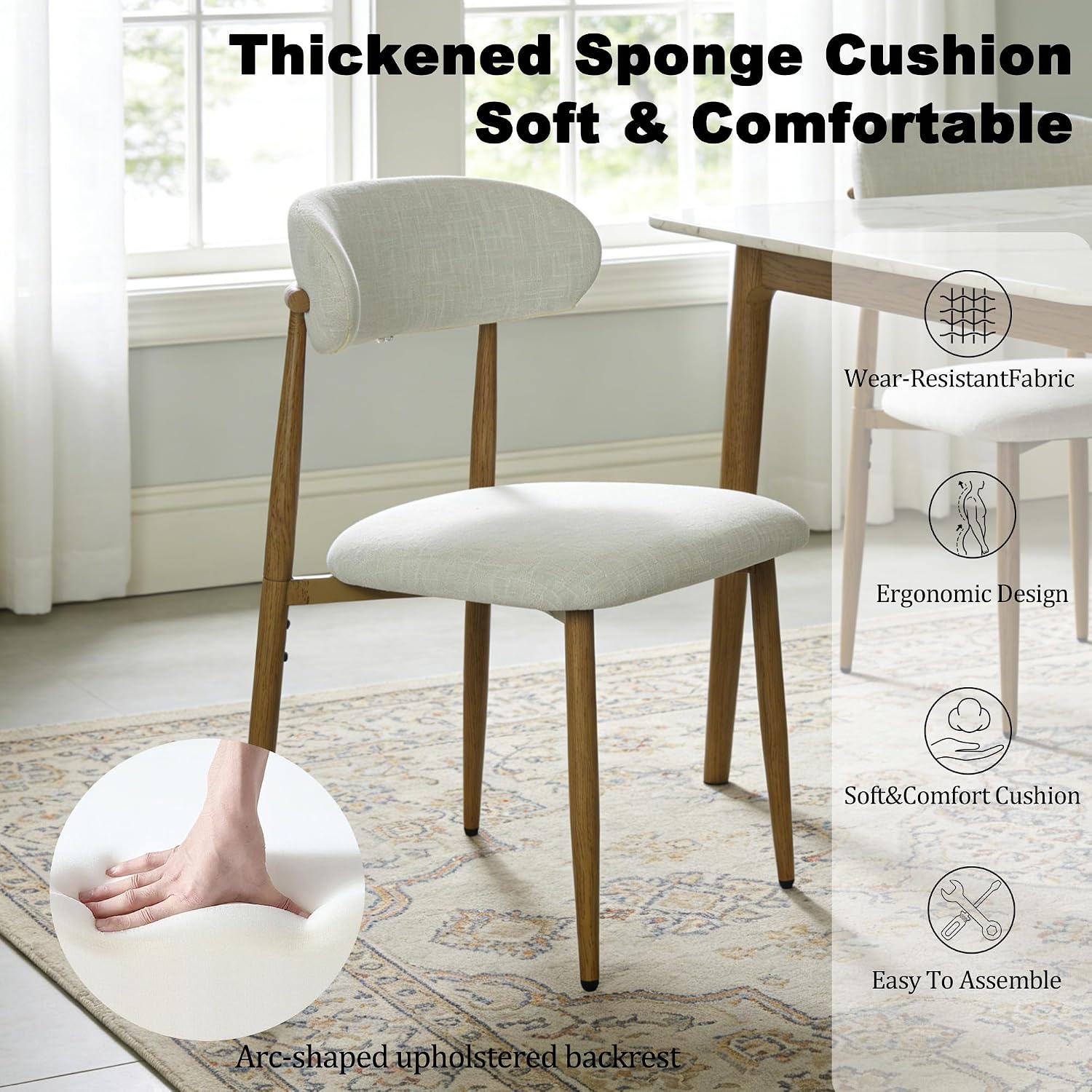 Modern Upholstered Dining Chairs Set of 8, Mid-Century Metal Frame with Wood Grain, Linen Fabric Side Chair for Kitchen Dining Room, 350lbs Capacity, Beige