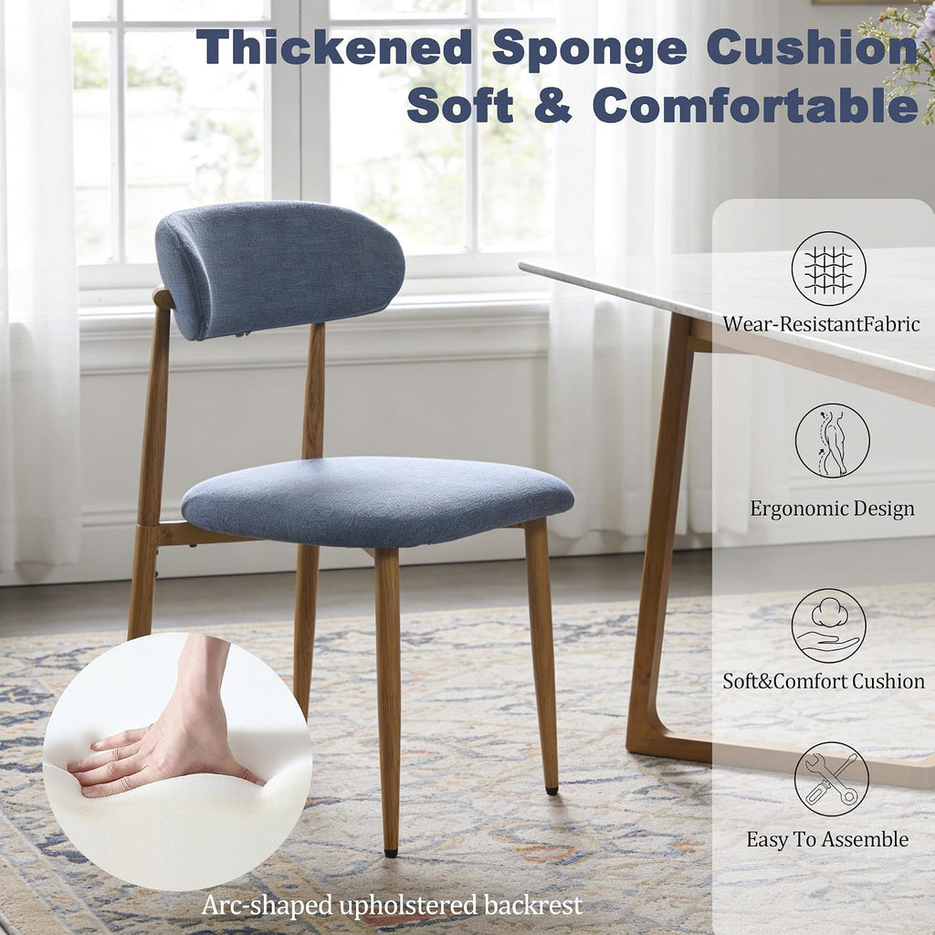 Modern Upholstered Dining Chairs Set of 8, Mid-Century Metal Frame with Wood Grain, Linen Fabric Side Chair for Kitchen Dining Room, 350lbs Capacity, Blue