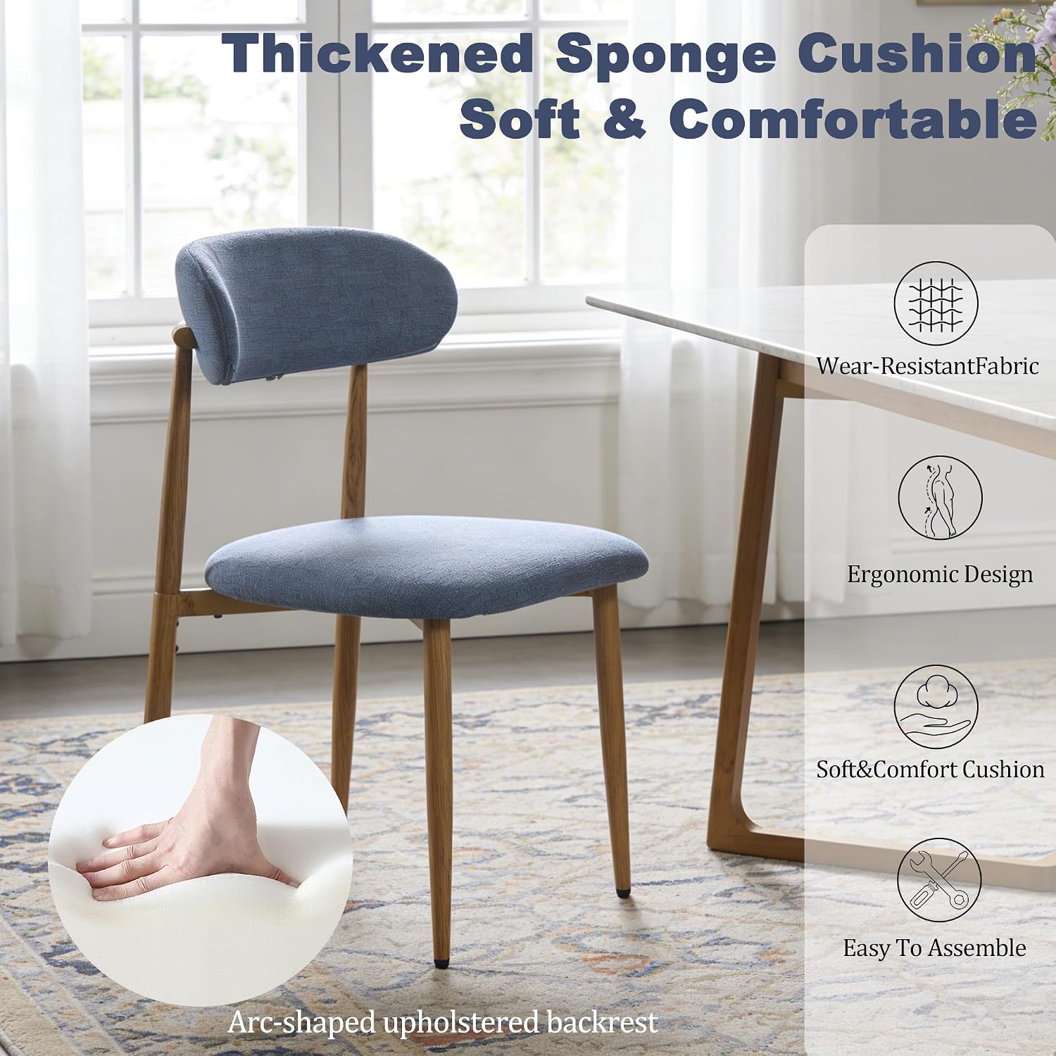 Modern Upholstered Dining Chairs Set of 8, Mid-Century Metal Frame with Wood Grain, Linen Fabric Side Chair for Kitchen Dining Room, 350lbs Capacity, Blue