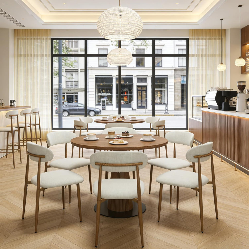 Modern Upholstered Dining Chairs Set of 8, Mid-Century Metal Frame with Wood Grain, Linen Fabric Side Chair for Kitchen Dining Room, 350lbs Capacity, Beige