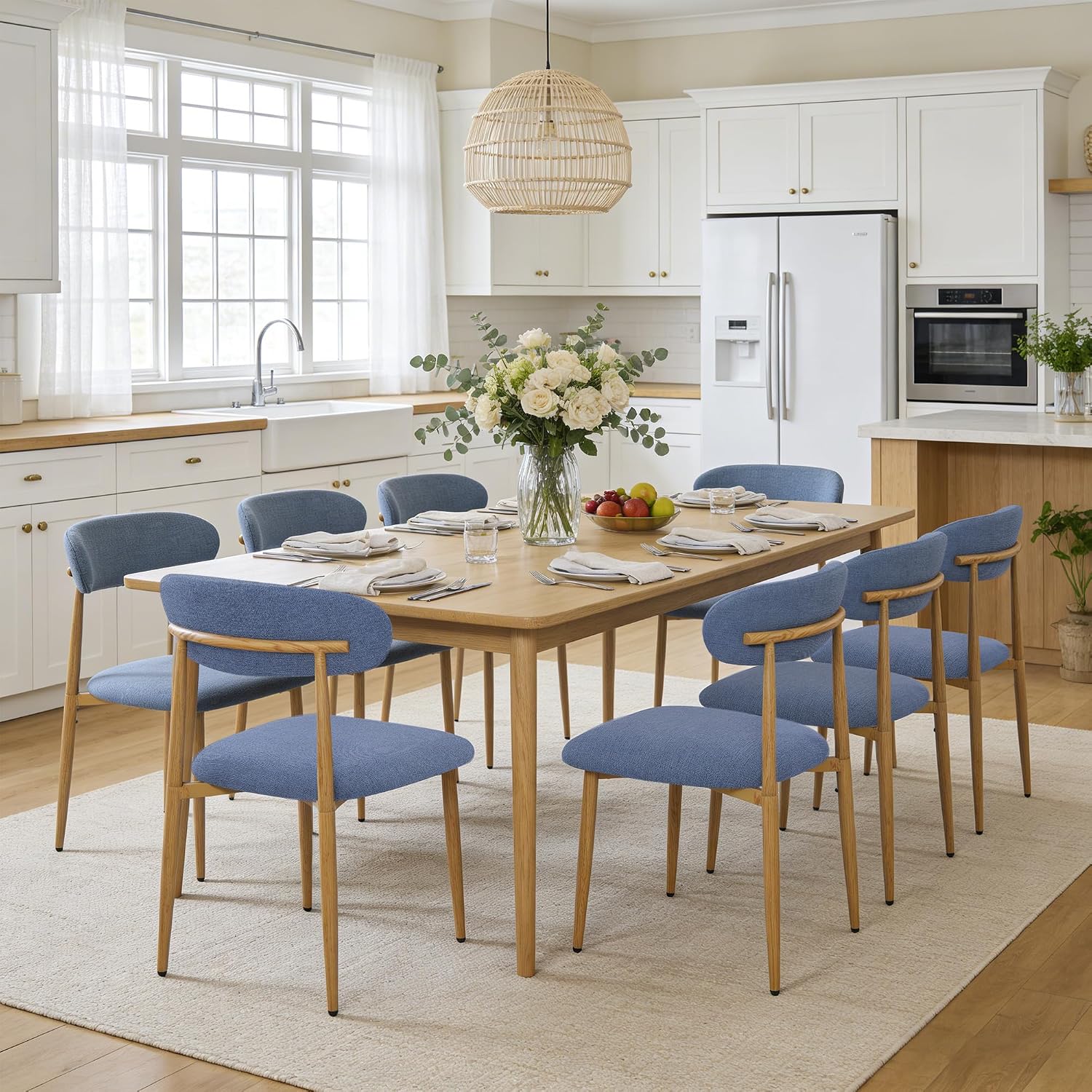 Modern Upholstered Dining Chairs Set of 8, Mid-Century Metal Frame with Wood Grain, Linen Fabric Side Chair for Kitchen Dining Room, 350lbs Capacity, Blue